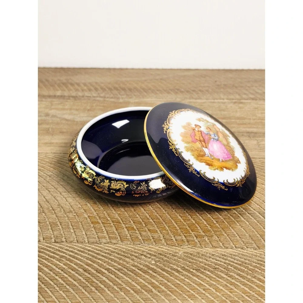 Limoges‎ Cobalt Blue Courting Couple Trinket Box with 22K accents